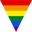 Rainbow pride flag in an inverted triangle shape.