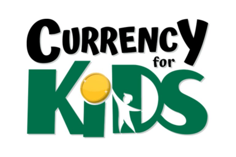 Logo for "Currency for Kids" featuring playful typography and a silhouette of a child.