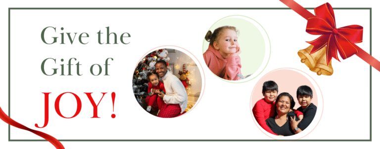 Gift suggestion with festive elements and images of happy families celebrating together.